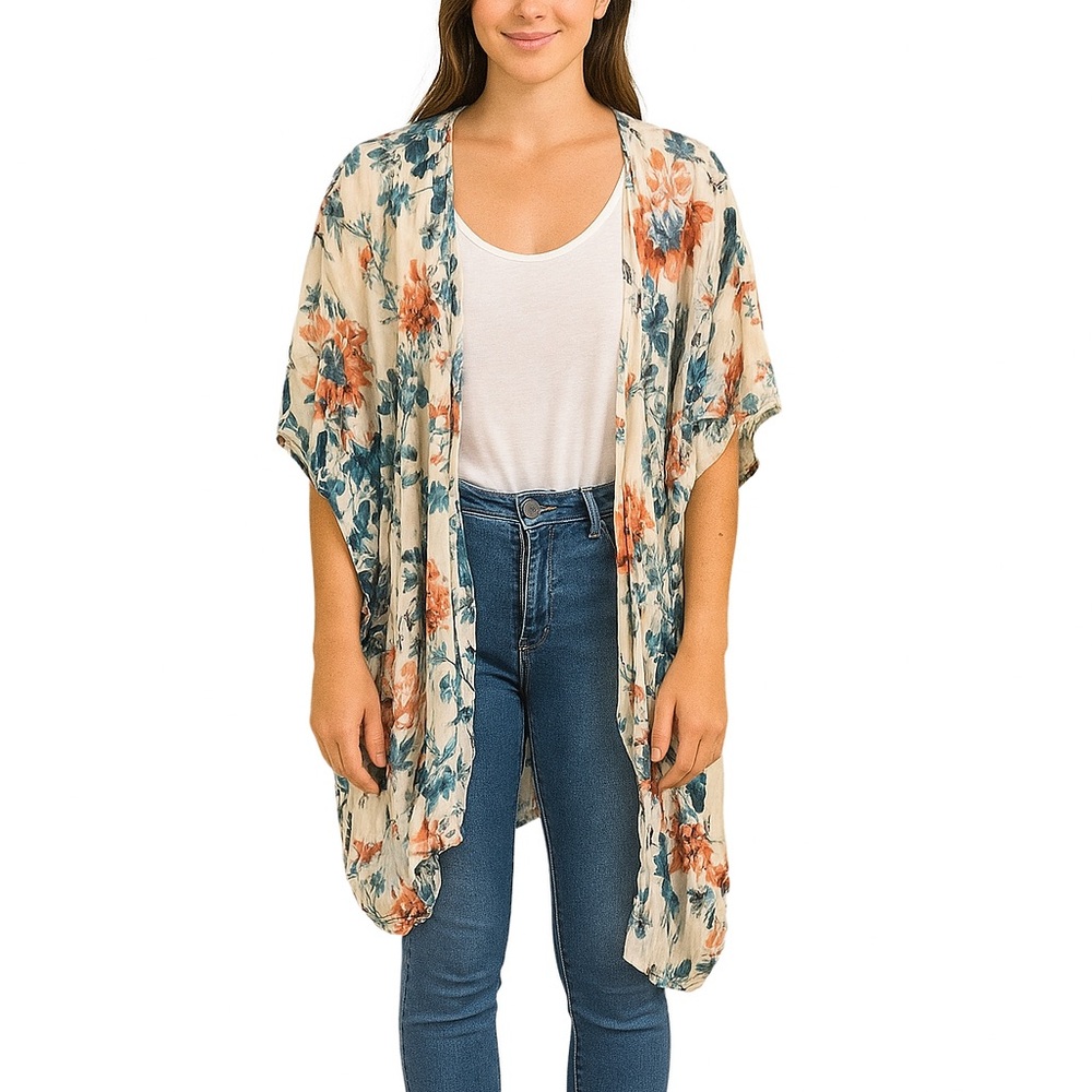 Nordstrom Size Small White and Pink Floral Oversized Bohemian Kimono Top